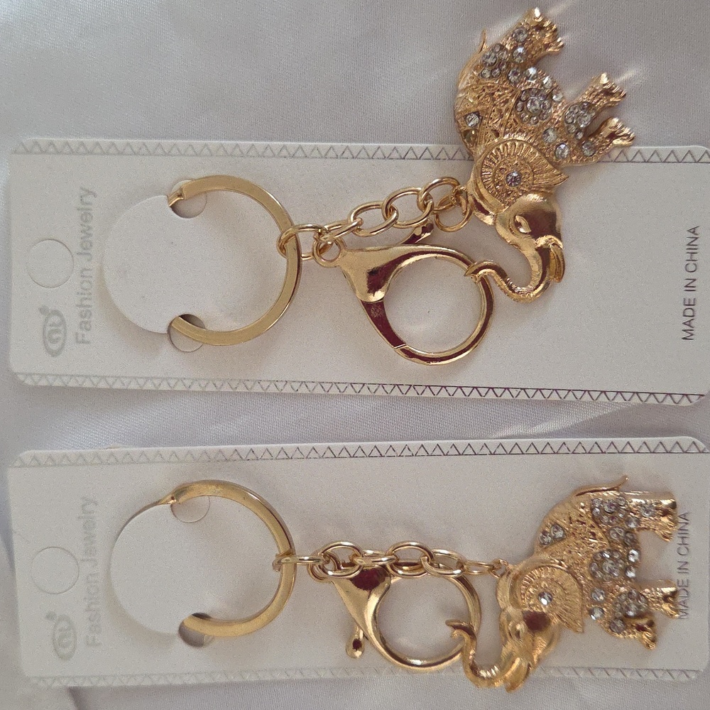 2 Gold Tone Rhinestone Elephant Keychain for Women or Men